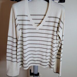 La Ligne Lean Lines V-Neck Silk/Cashmere Sweater - Creme W/Greige Stripes